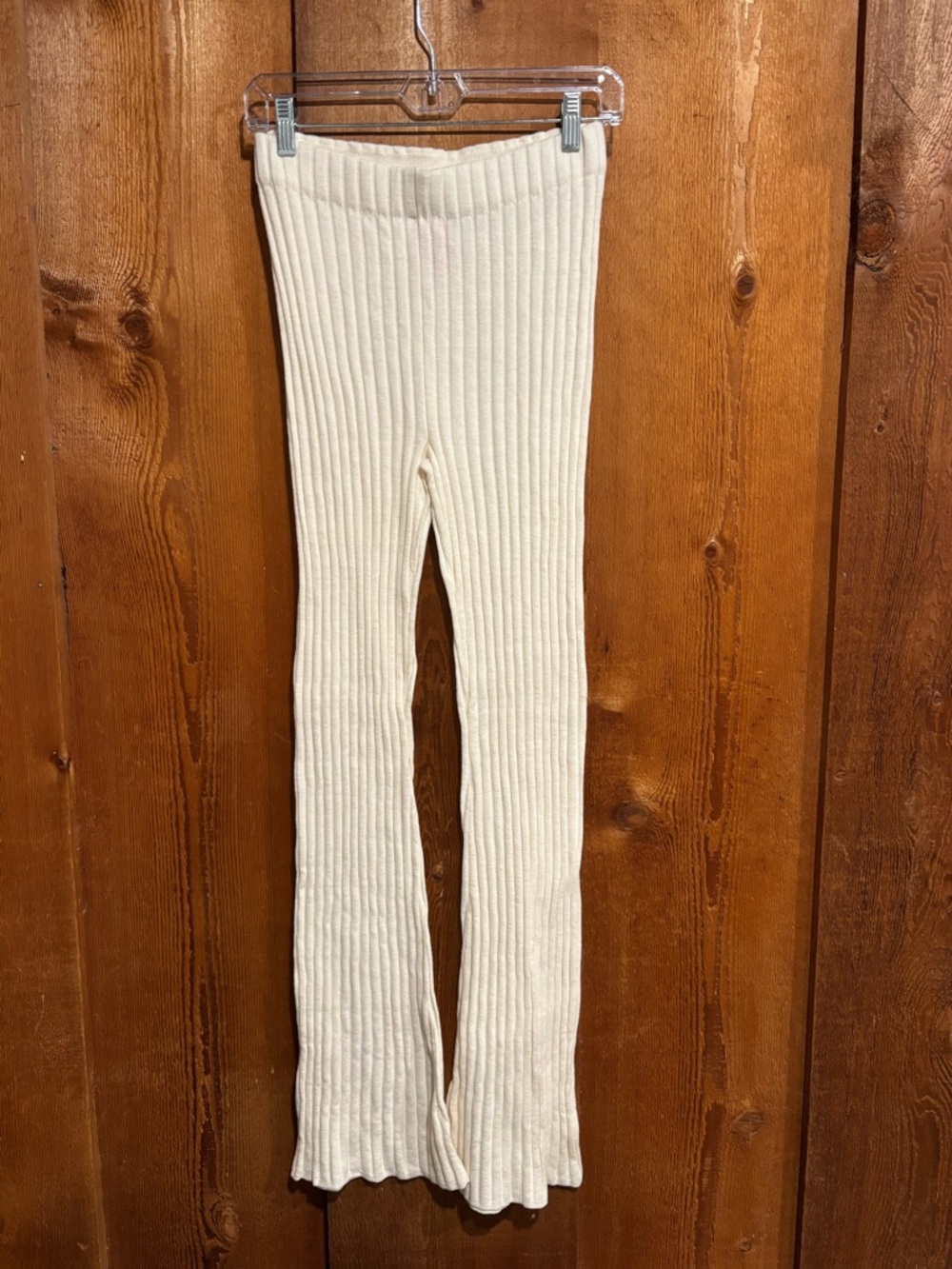 DH New York Ivory Cream Ribbed Knit Flare Pants Wide Leg Lounge Cozy Small